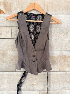 Abbey Dawn Taupe Gray Button-Front Women's Peplum Vest with Patterned Lining